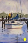 seascape, dock, wharf, boat, sailboat, sea, florida, apalachicola, original watercolor painting, oberst